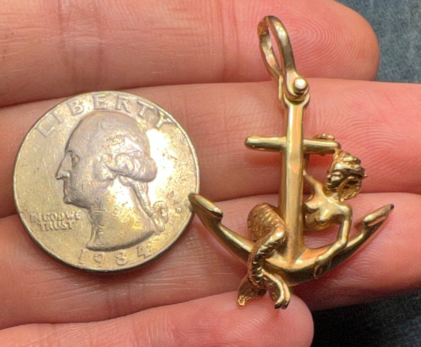14k Yellow Gold Steven Douglas MERMAID + Anchor Pendant. 1.6" + 8g