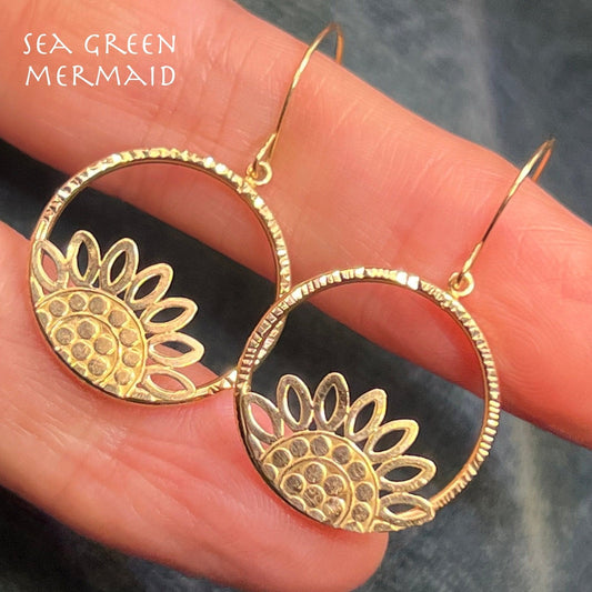 14k Yellow Gold Sunflower Mandala Bali Dangle Circle Earrings