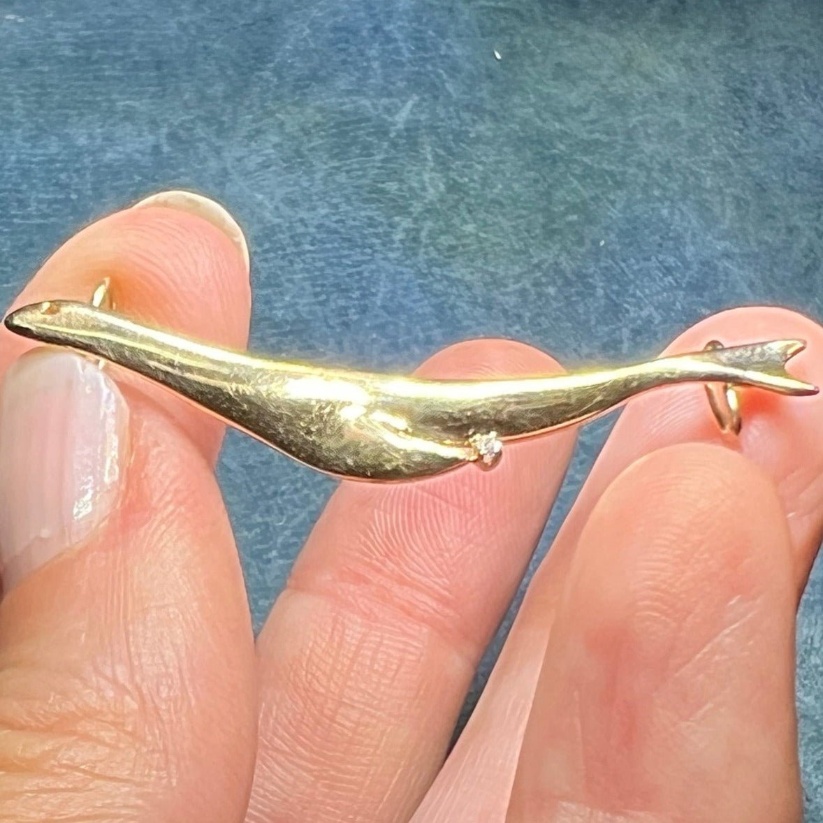 14k Yellow Gold Swimming SEAL Slide Pendant w Diamond. 1.9"