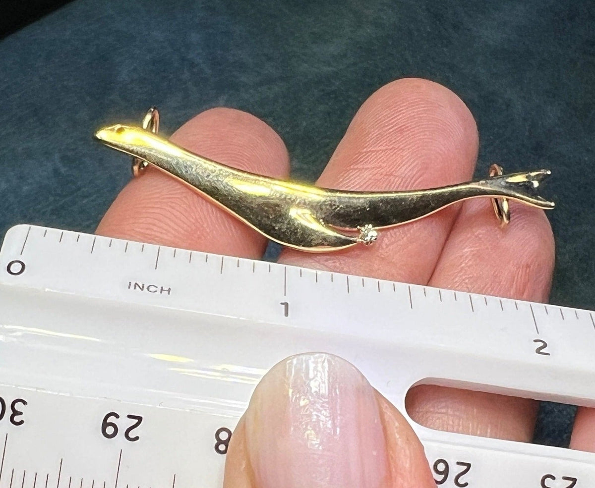 14k Yellow Gold Swimming SEAL Slide Pendant w Diamond. 1.9"