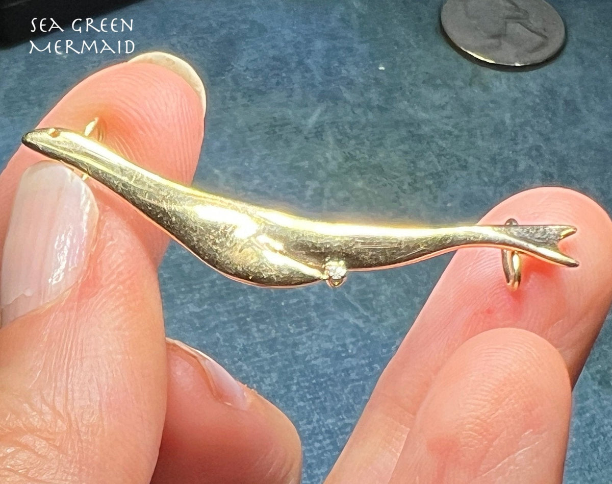 14k Yellow Gold Swimming SEAL Slide Pendant w Diamond. 1.9"