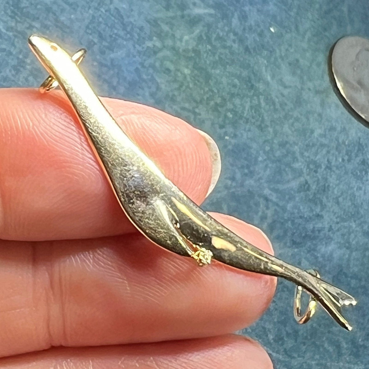 14k Yellow Gold Swimming SEAL Slide Pendant w Diamond. 1.9"