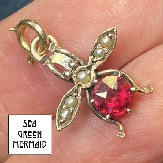 14k Yellow Gold TINY FLY Pendant with Pearls & Garnet. TINY!