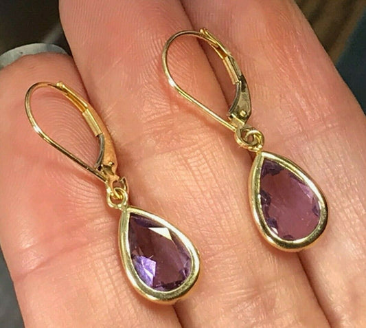 14k Yellow Gold Teardrop Amethyst Earrings. Pear-cut. Leverback