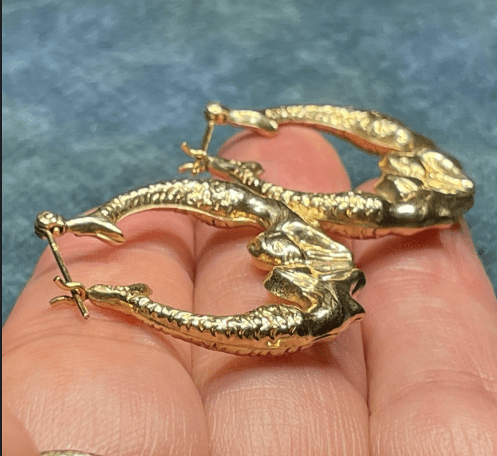 14k Yellow Gold Twin MERMAID Hoop Art Deco Earrings. 1.2"