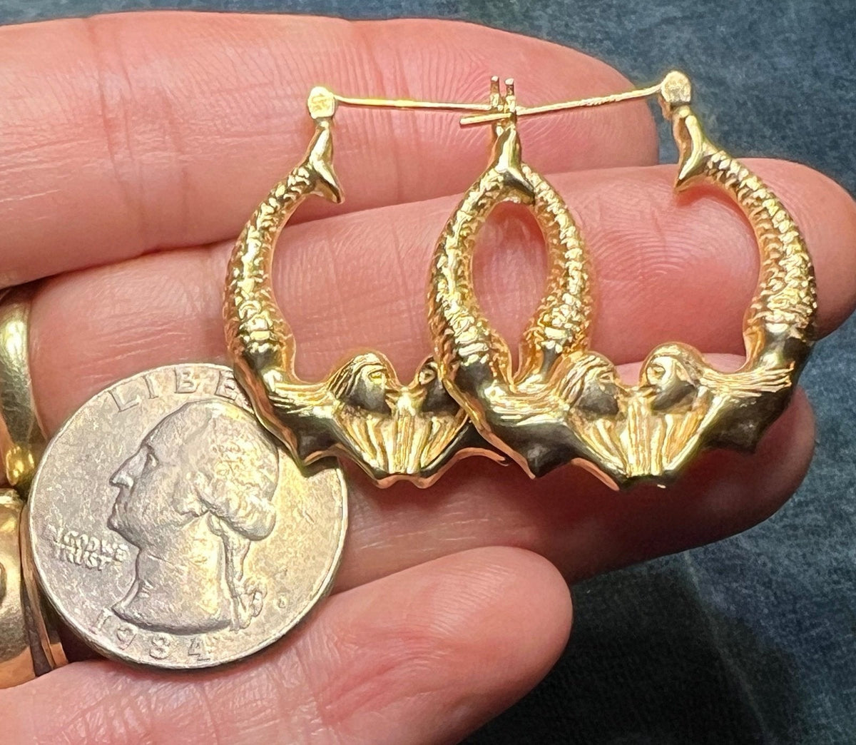 14k Yellow Gold Twin MERMAID Hoop Art Deco Earrings. 1.2"