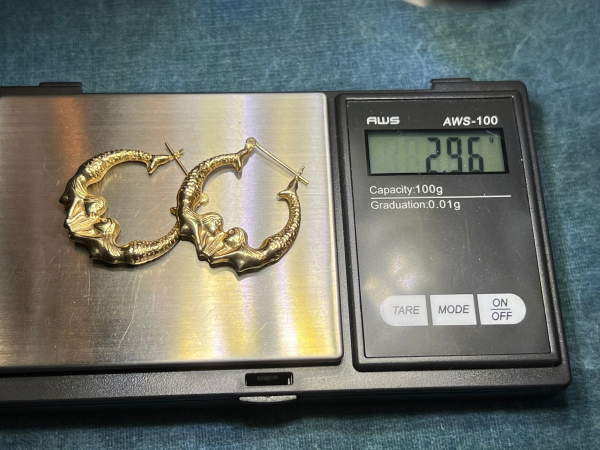 14k Yellow Gold Twin MERMAID Hoop Art Deco Earrings. 1.2"