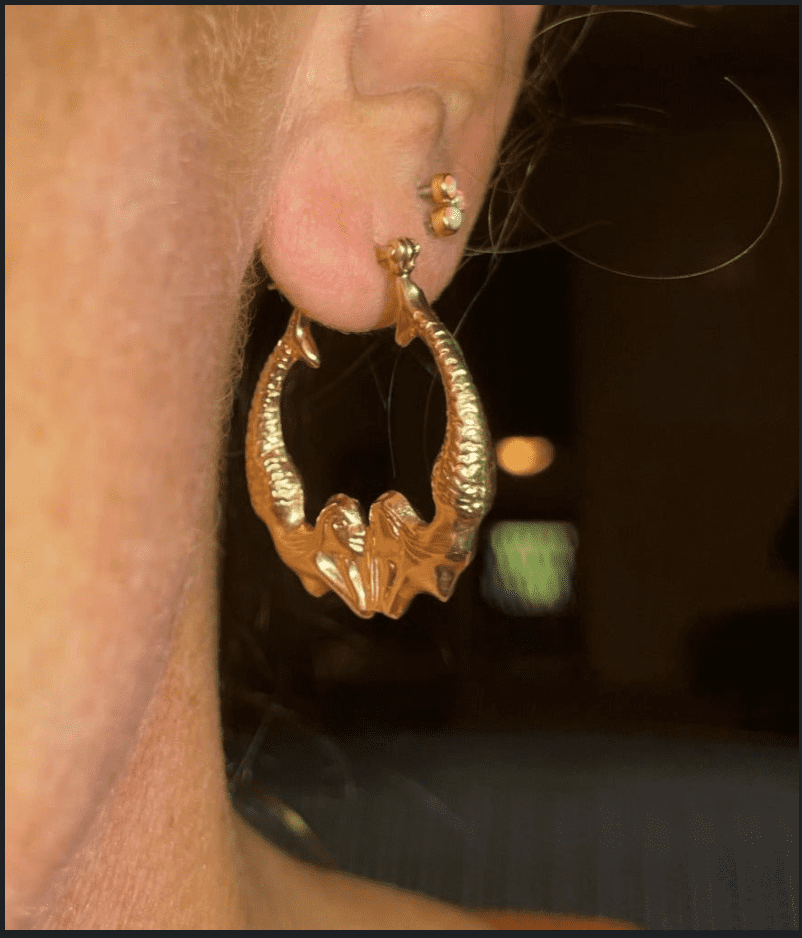 14k Yellow Gold Twin MERMAID Hoop Art Deco Earrings. 1.2"