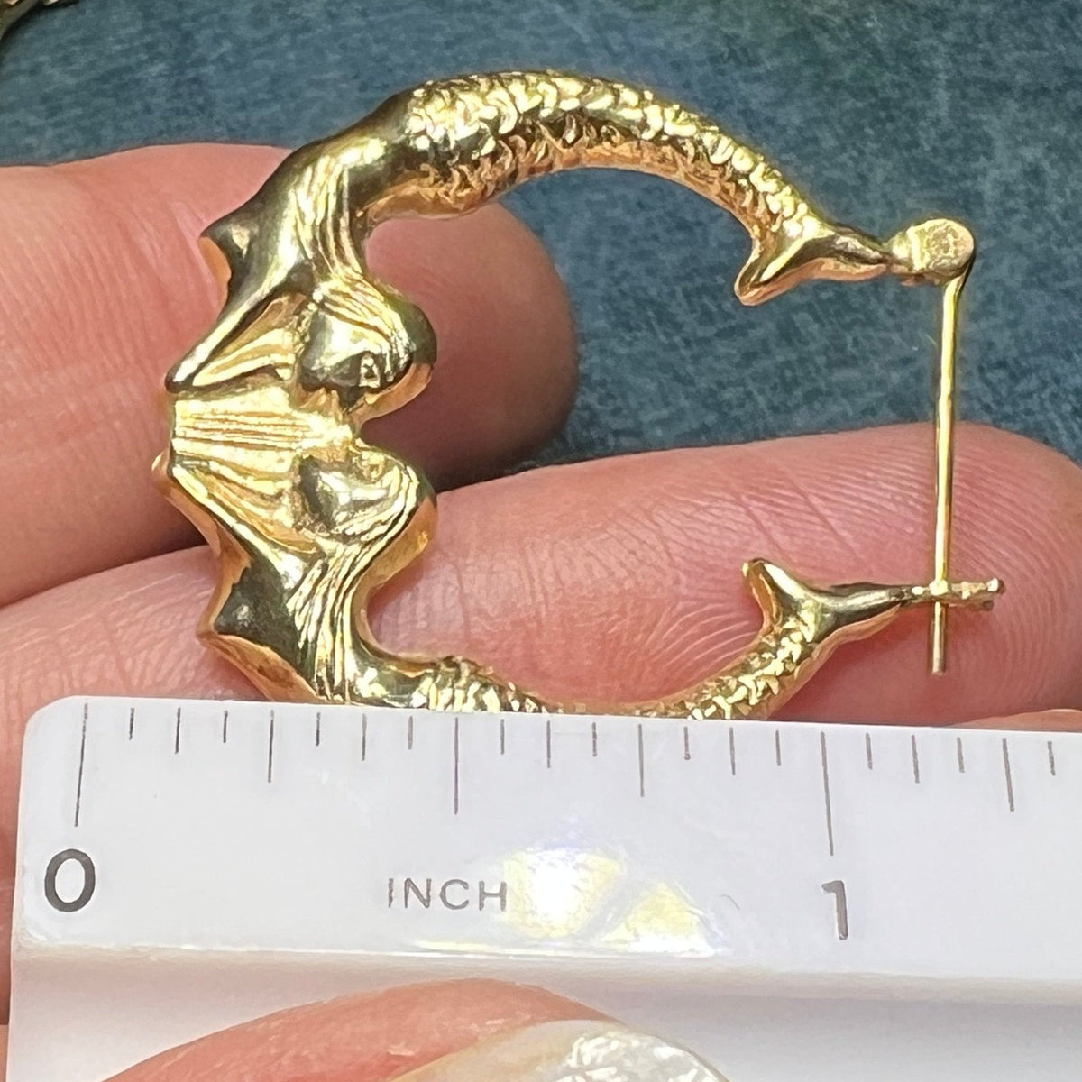 14k Yellow Gold Twin MERMAID Hoop Art Deco Earrings. 1.2"