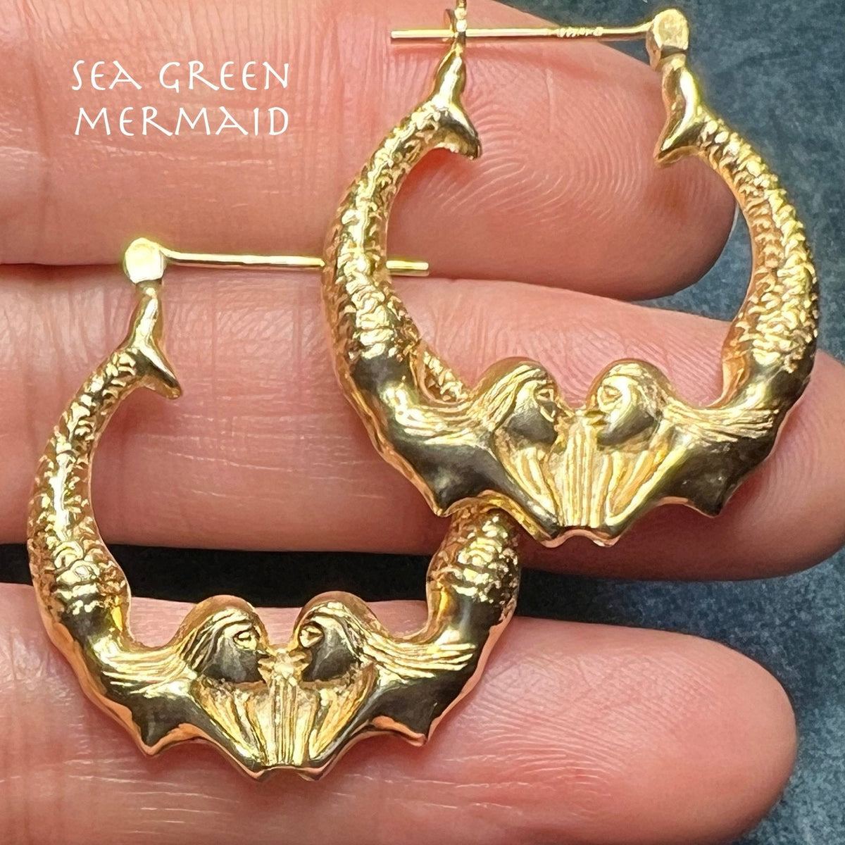 14k Yellow Gold Twin MERMAID Hoop Art Deco Earrings. 1.2"