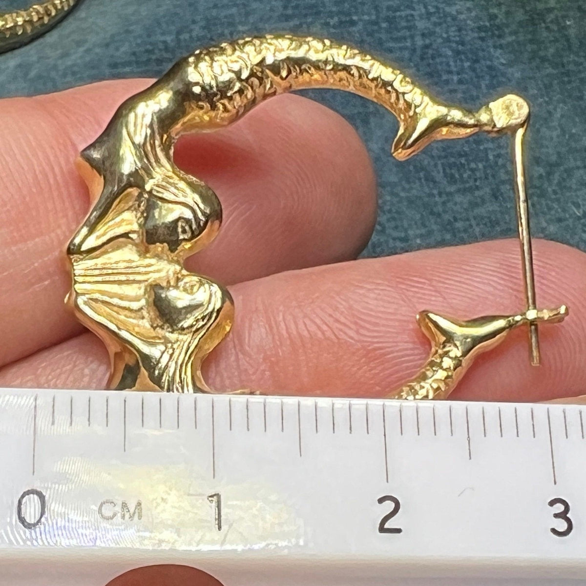 14k Yellow Gold Twin MERMAID Hoop Art Deco Earrings. 1.2"