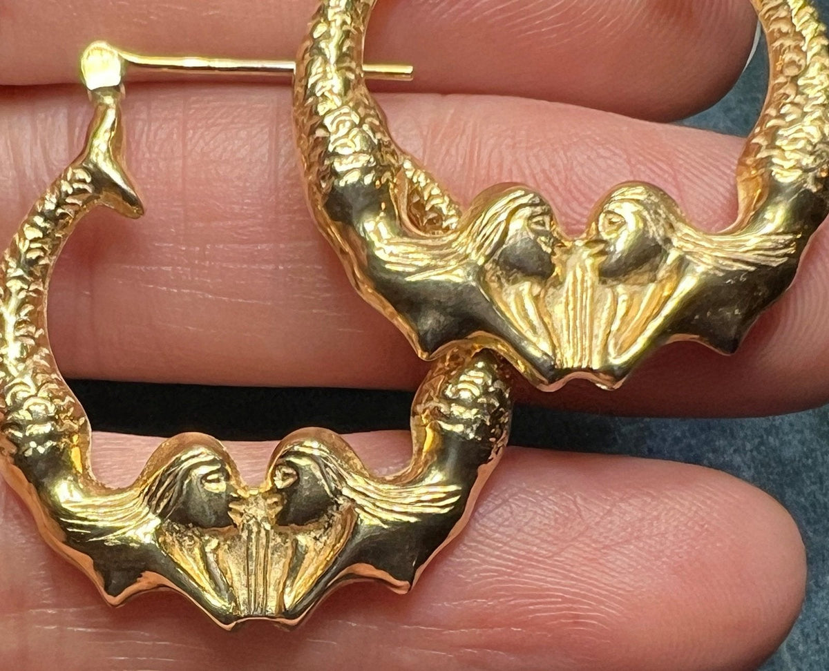 14k Yellow Gold Twin MERMAID Hoop Art Deco Earrings. 1.2"