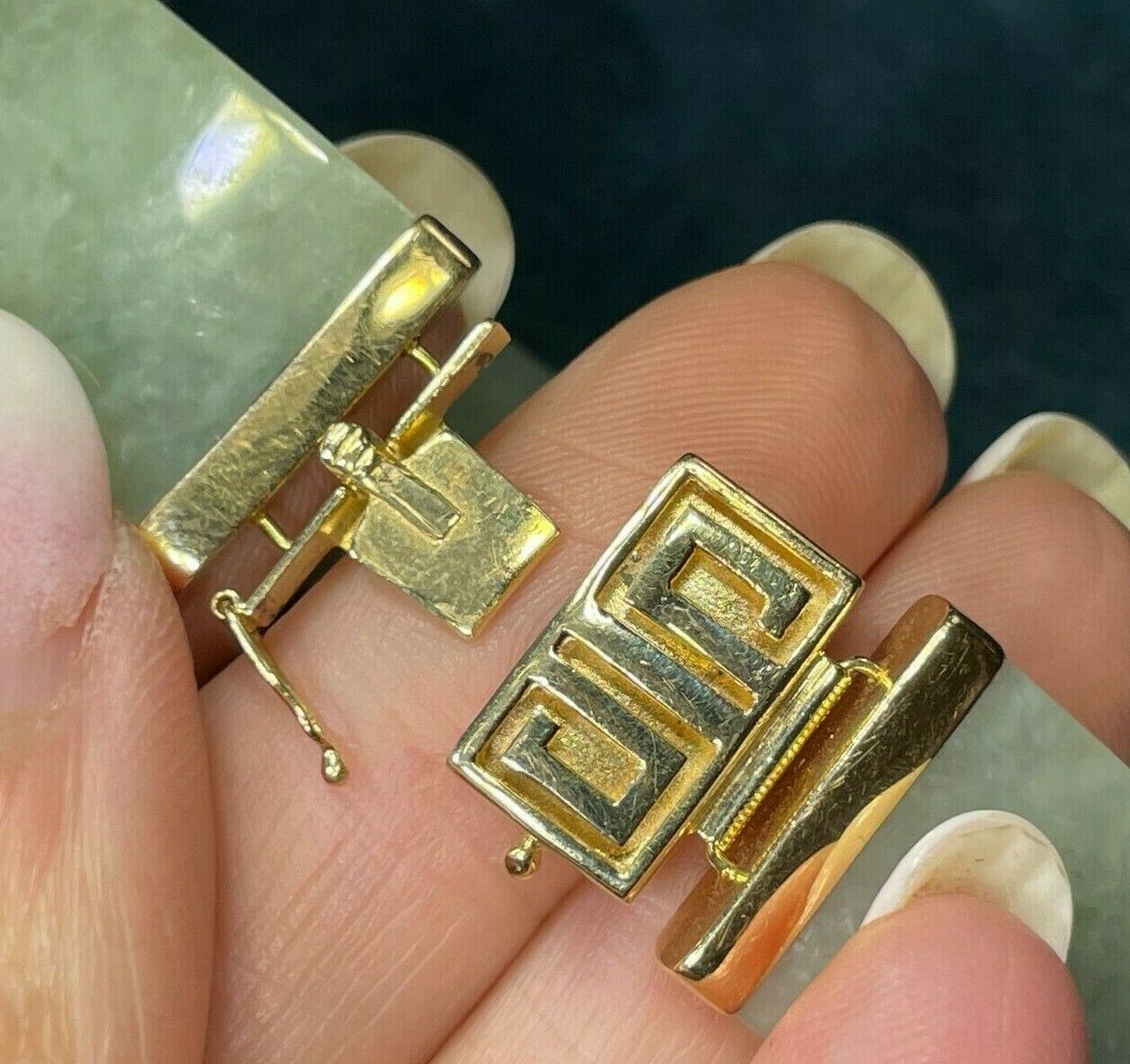 14k Yellow Gold WIDE Greek Key Jade Panel Bracelet. Heavy 35g 21 251 Sea Green Mermaid