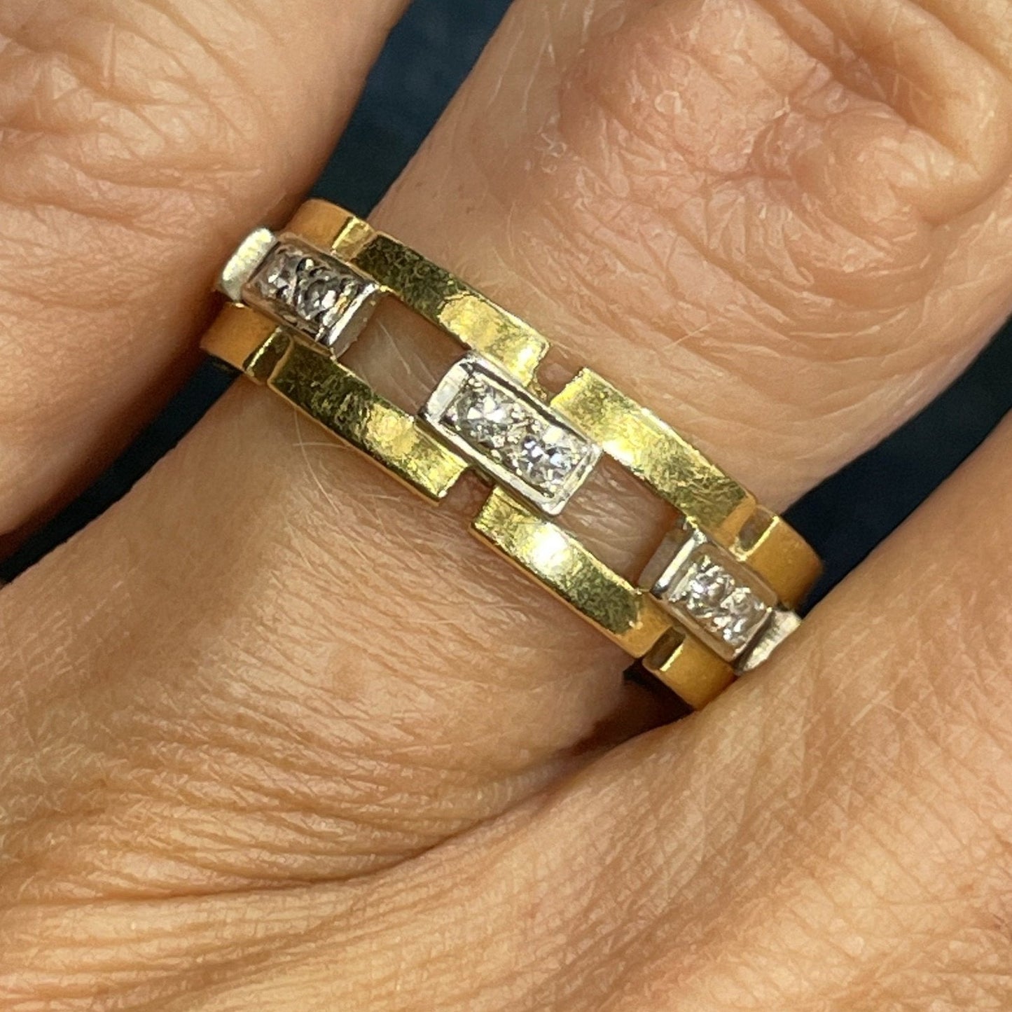 14k Yellow Gold Wide Band 0.25 TCW Diamond "Gate Post" Ring.