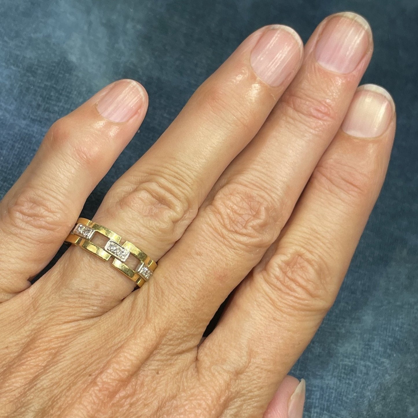 14k Yellow Gold Wide Band 0.25 TCW Diamond "Gate Post" Ring.