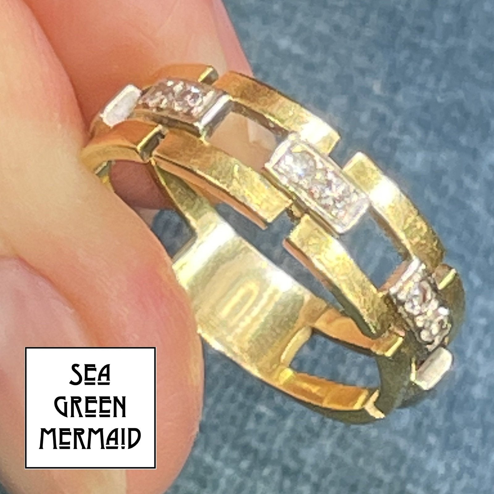 14k Yellow Gold Wide Band 0.25 TCW Diamond "Gate Post" Ring.