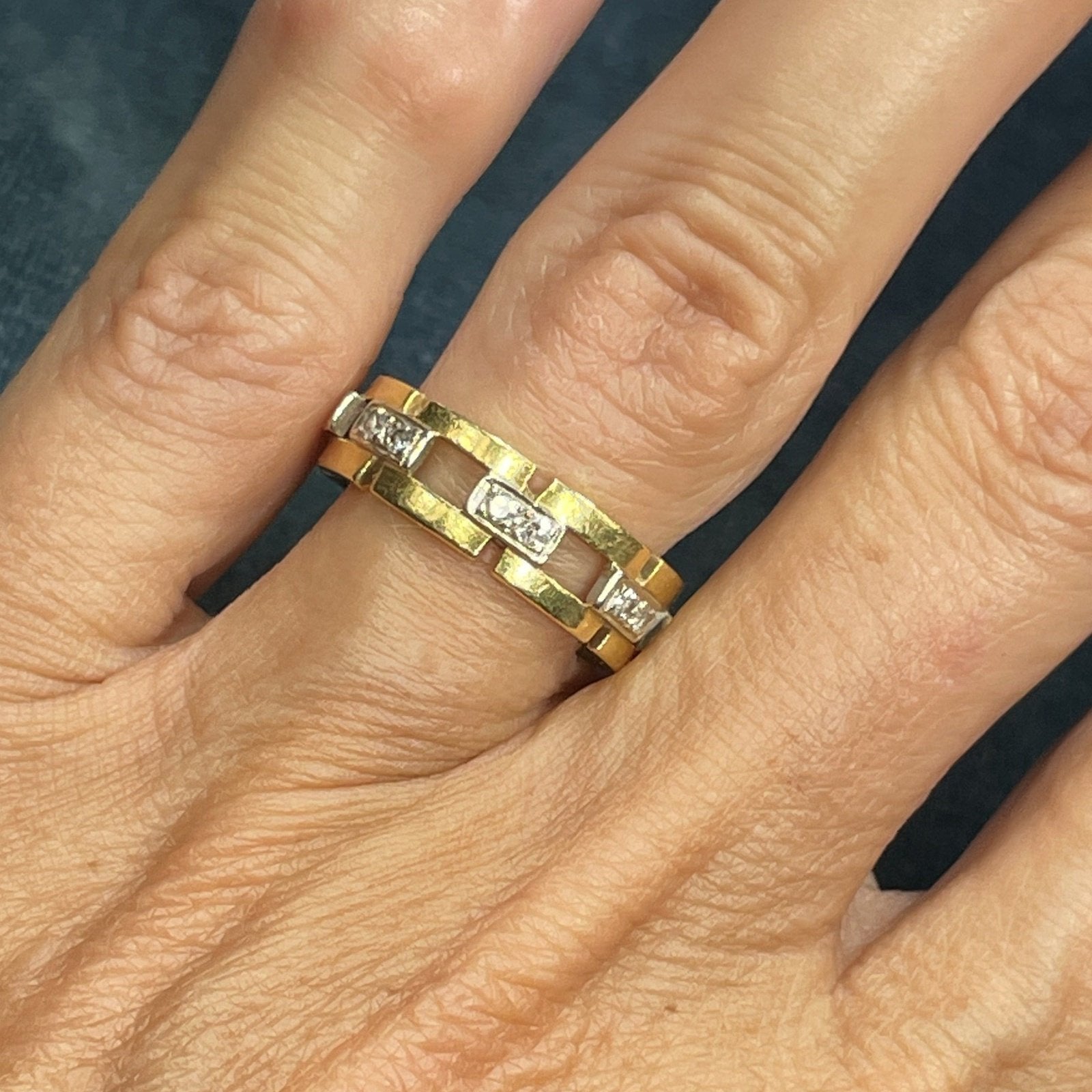 14k Yellow Gold Wide Band 0.25 TCW Diamond "Gate Post" Ring.