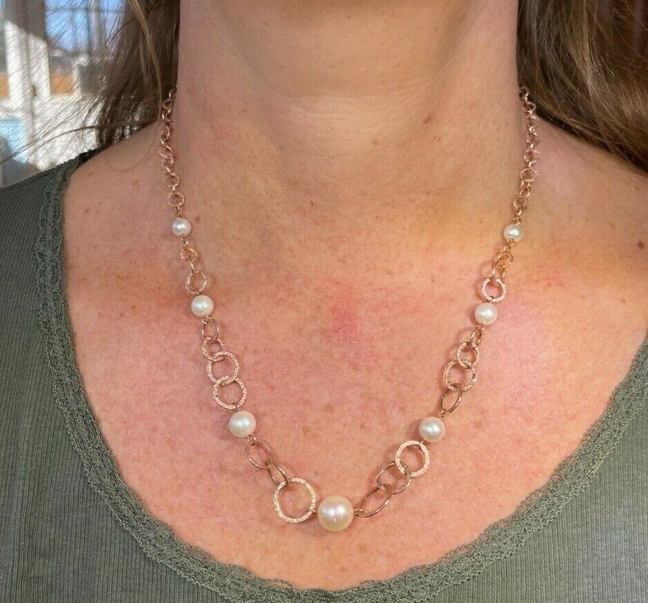 14k Yellow Rose Gold Hammered Link Chain Necklace w Pearls. 20"