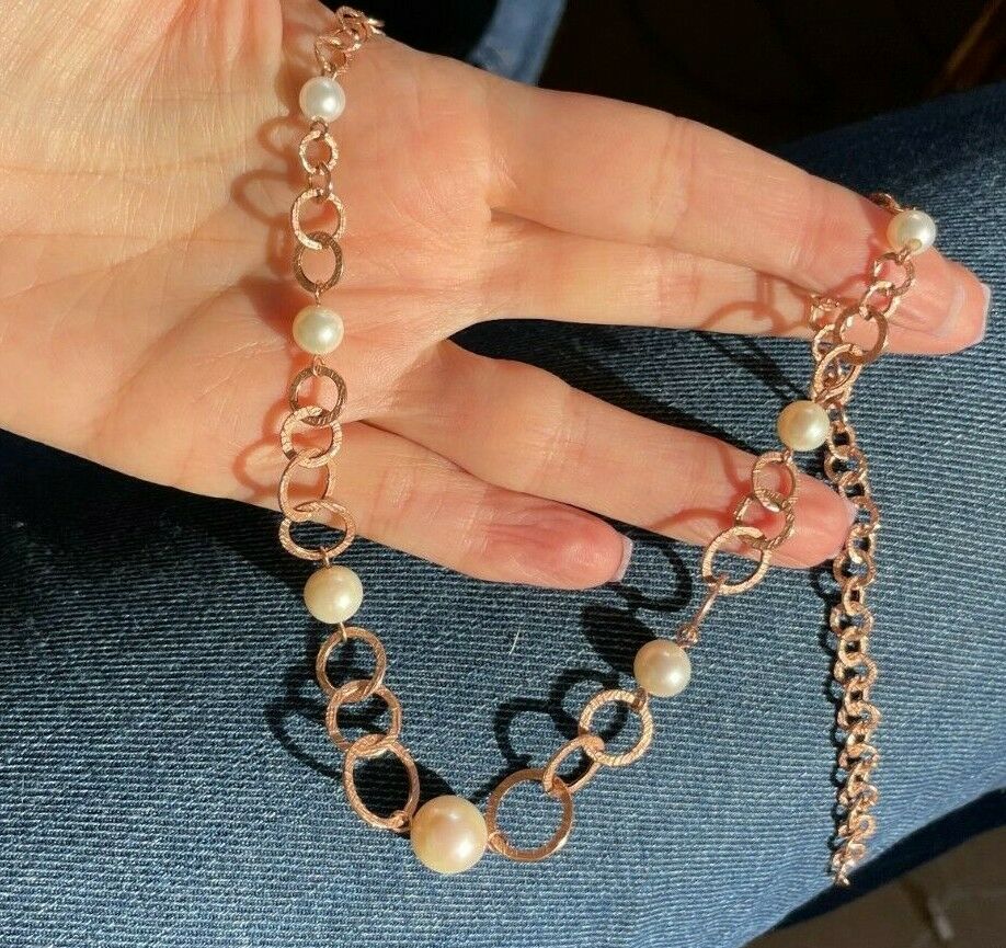 14k Yellow Rose Gold Hammered Link Chain Necklace w Pearls. 20"