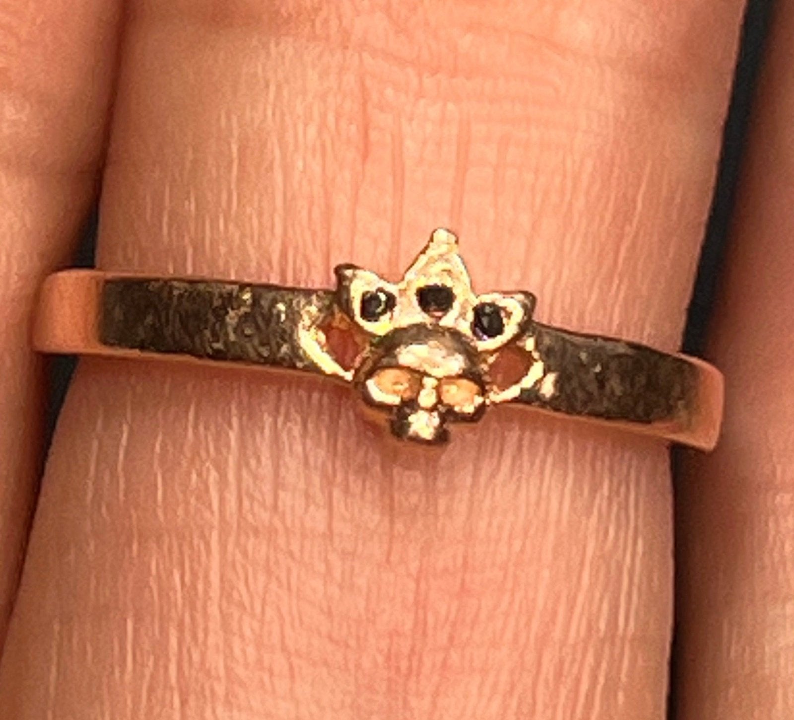 14k Yellow Rose Gold Skull Queen Ring w Black Diamond Crown. TINY