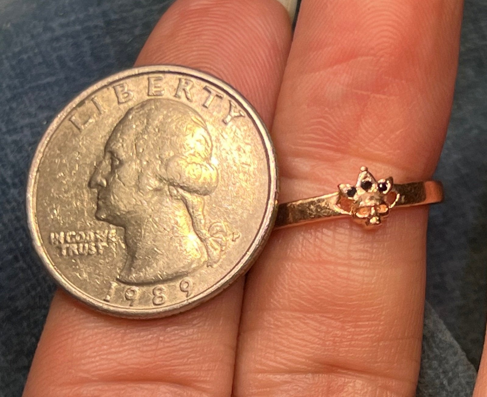 14k Yellow Rose Gold Skull Queen Ring w Black Diamond Crown. TINY