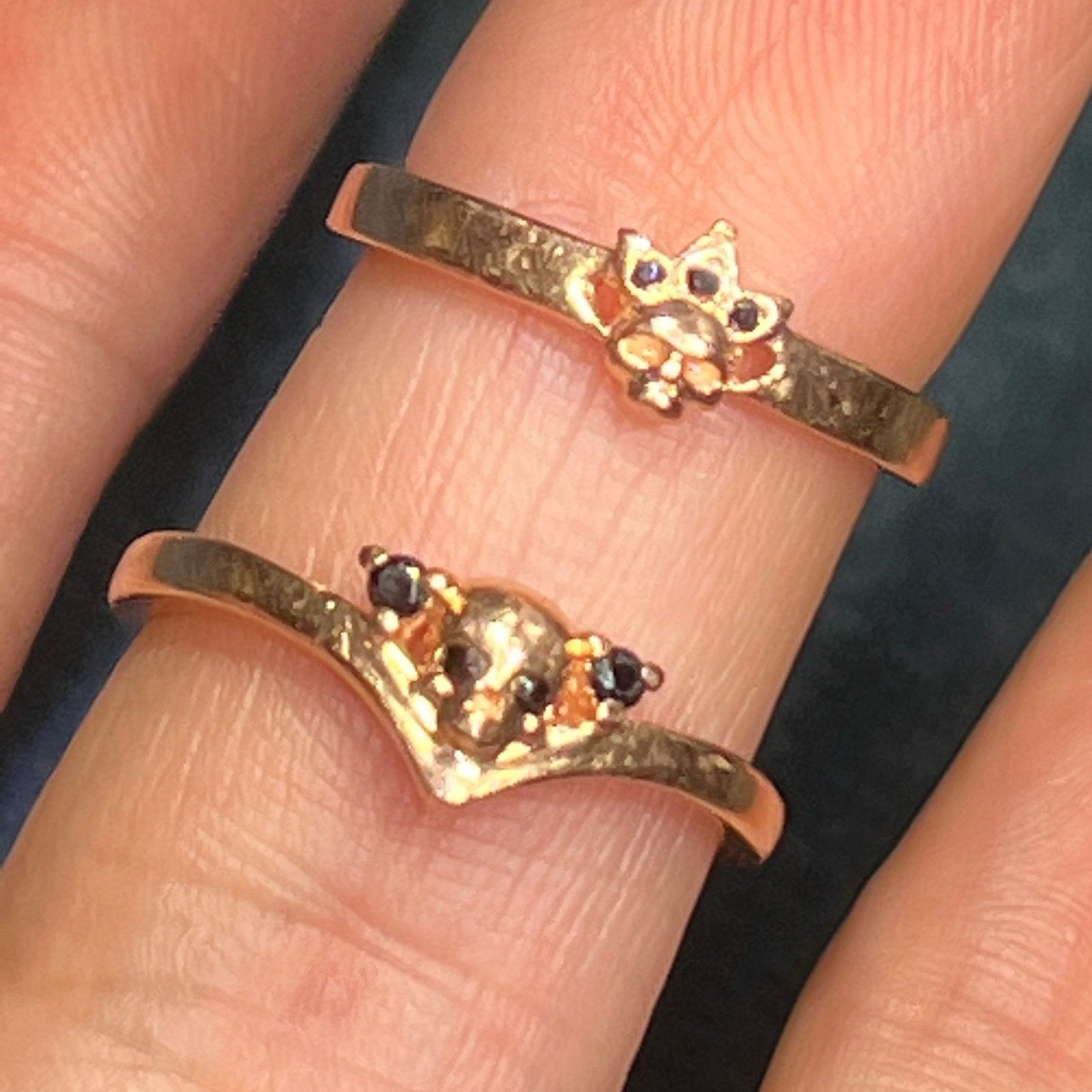 14k Yellow Rose Gold Skull Queen Ring w Black Diamond Crown. TINY