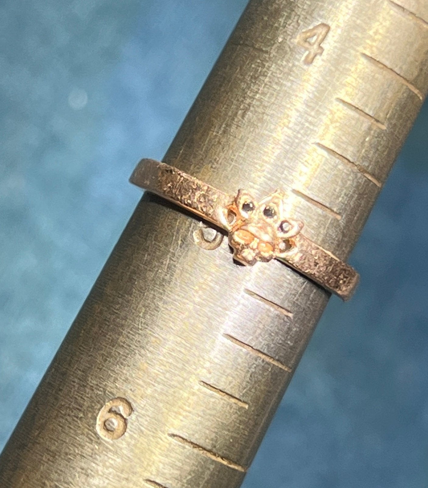 14k Yellow Rose Gold Skull Queen Ring w Black Diamond Crown. TINY