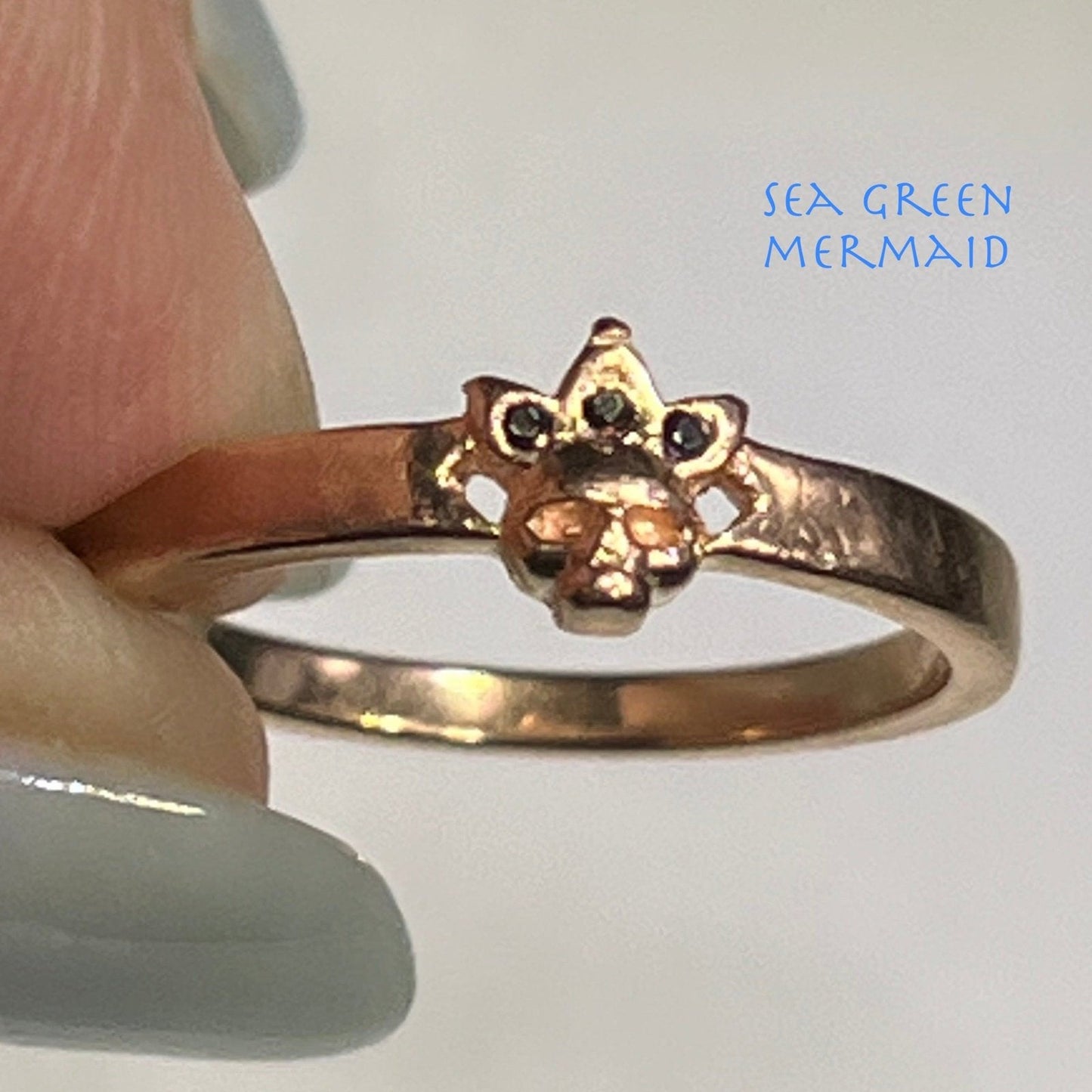14k Yellow Rose Gold Skull Queen Ring w Black Diamond Crown. TINY