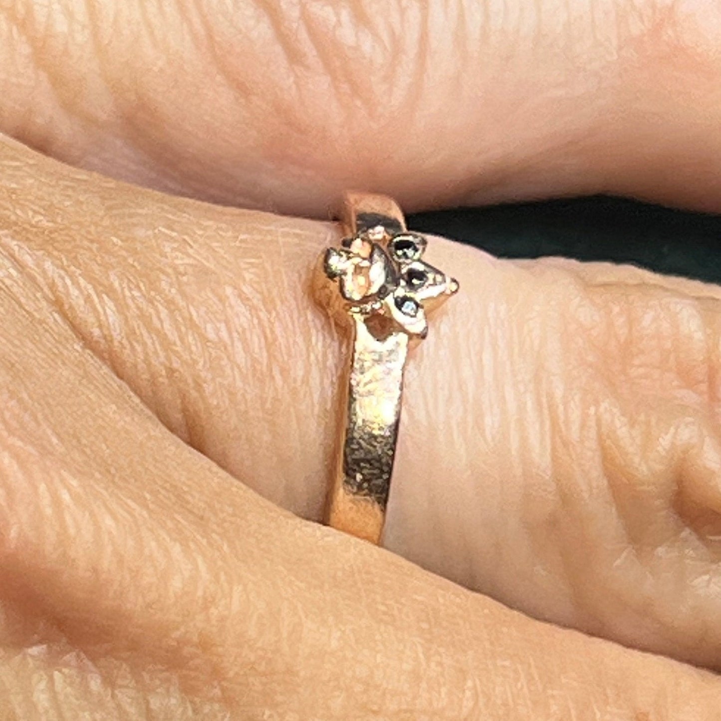 14k Yellow Rose Gold Skull Queen Ring w Black Diamond Crown. TINY