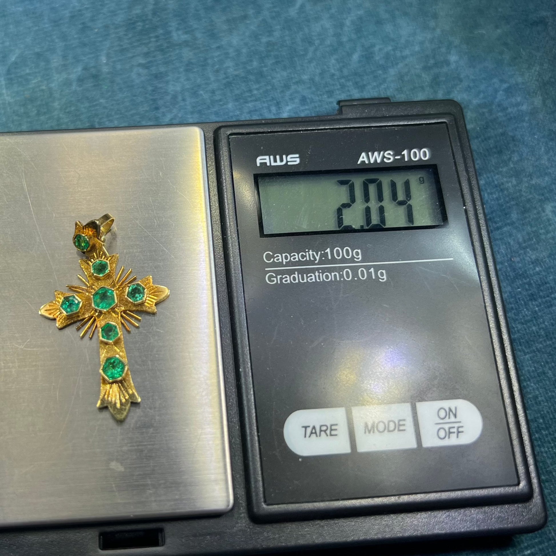 18K Yellow Gold Hexagon Columbian Emerald Cross Pendant. 1.5"