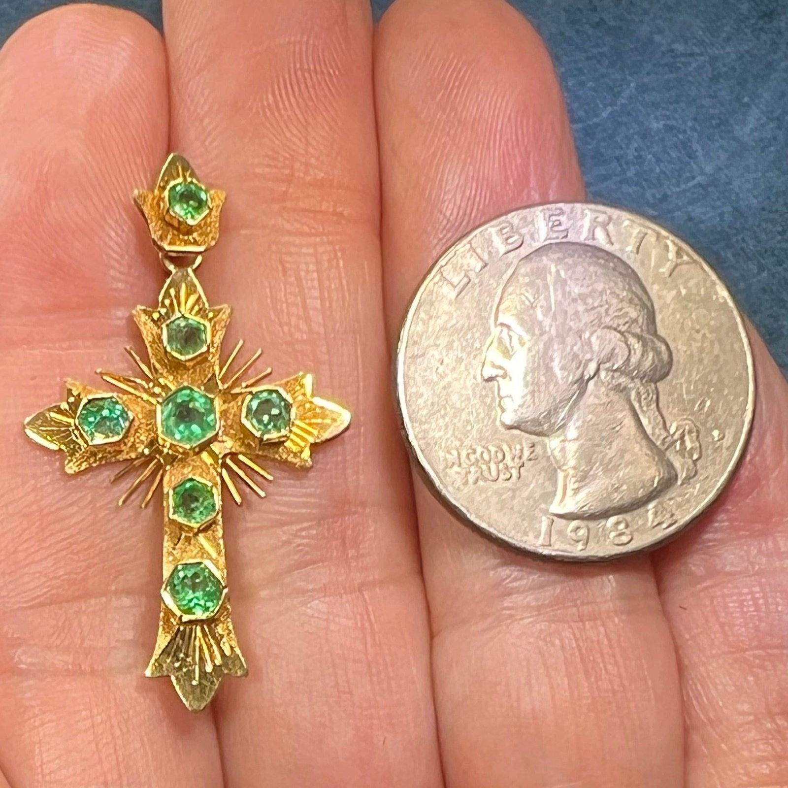 18K Yellow Gold Hexagon Columbian Emerald Cross Pendant. 1.5"