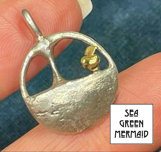 18K Yellow Gold TINY Bird on 925 Silver Disc Windowsill Pendant