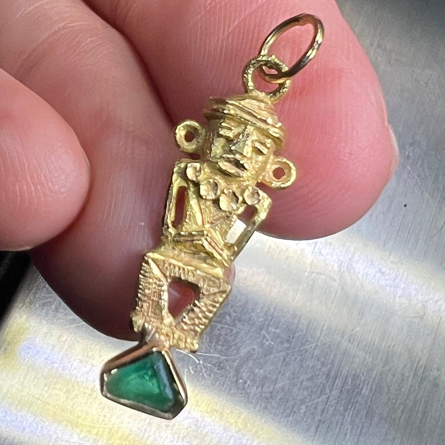 18k Gold Columbian Emerald Incan Mayan God Pendant. 1"