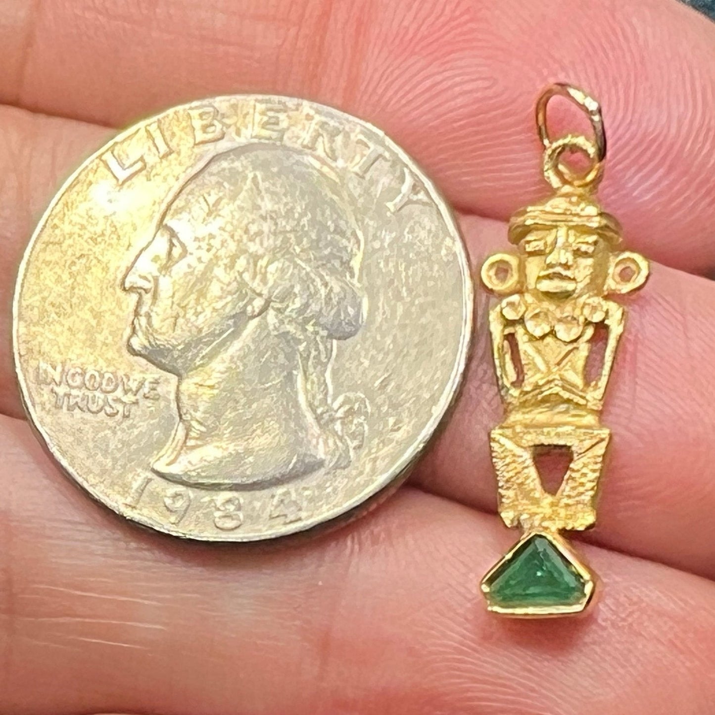 18k Gold Columbian Emerald Incan Mayan God Pendant. 1"