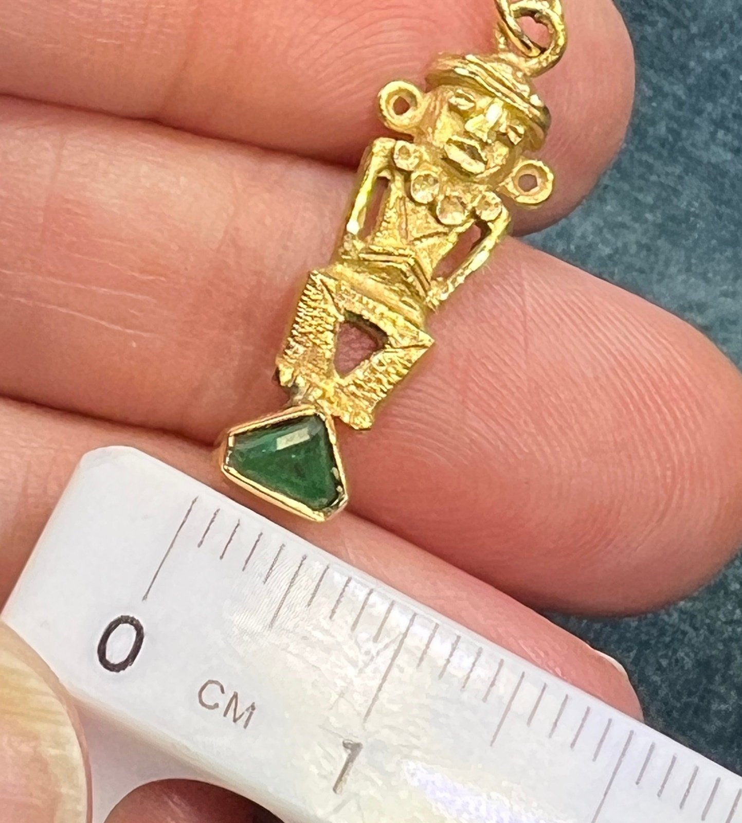 18k Gold Columbian Emerald Incan Mayan God Pendant. 1"