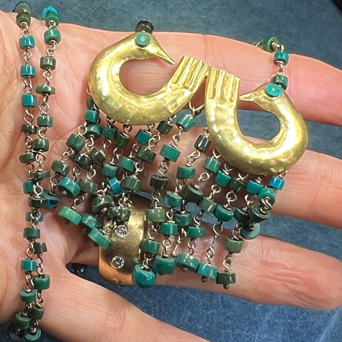 18k Yellow Gold & Silver Chrysocolla Lovebirds Chain Necklace. Peru