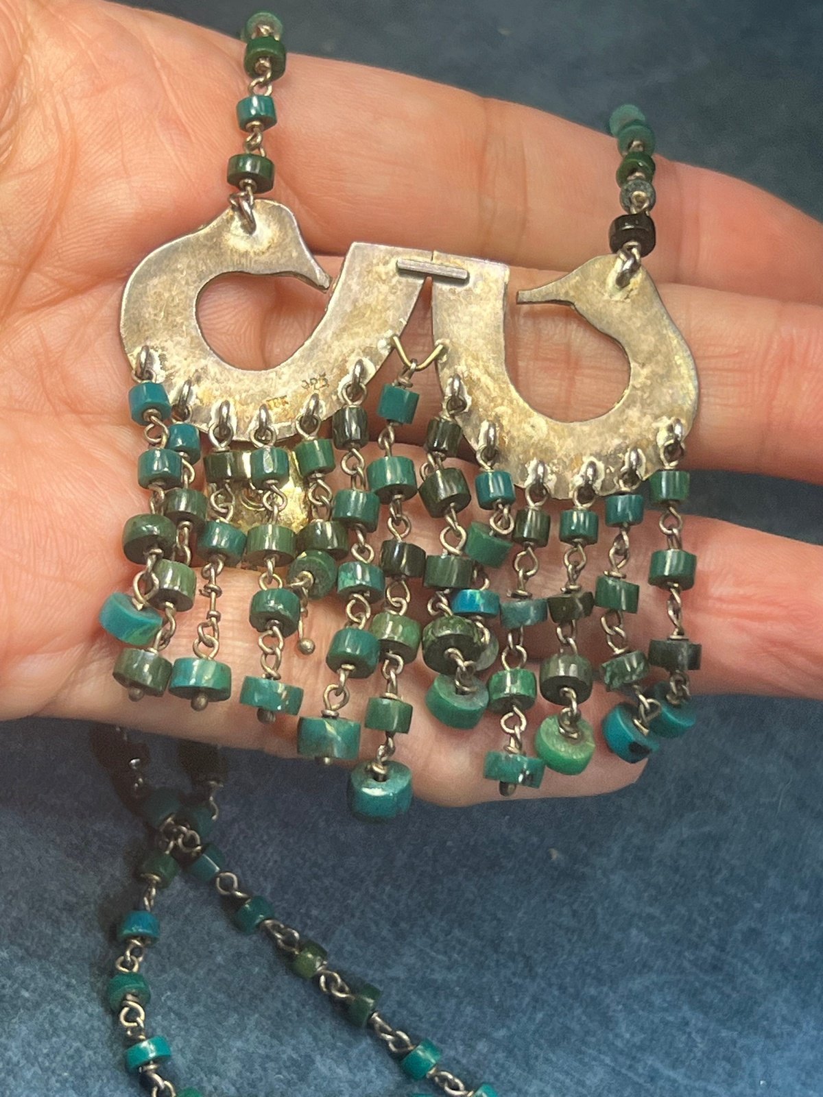 18k Yellow Gold & Silver Chrysocolla Lovebirds Chain Necklace. Peru