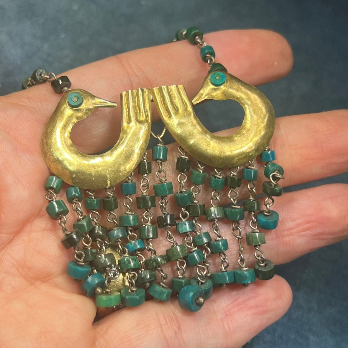 18k Yellow Gold & Silver Chrysocolla Lovebirds Chain Necklace. Peru