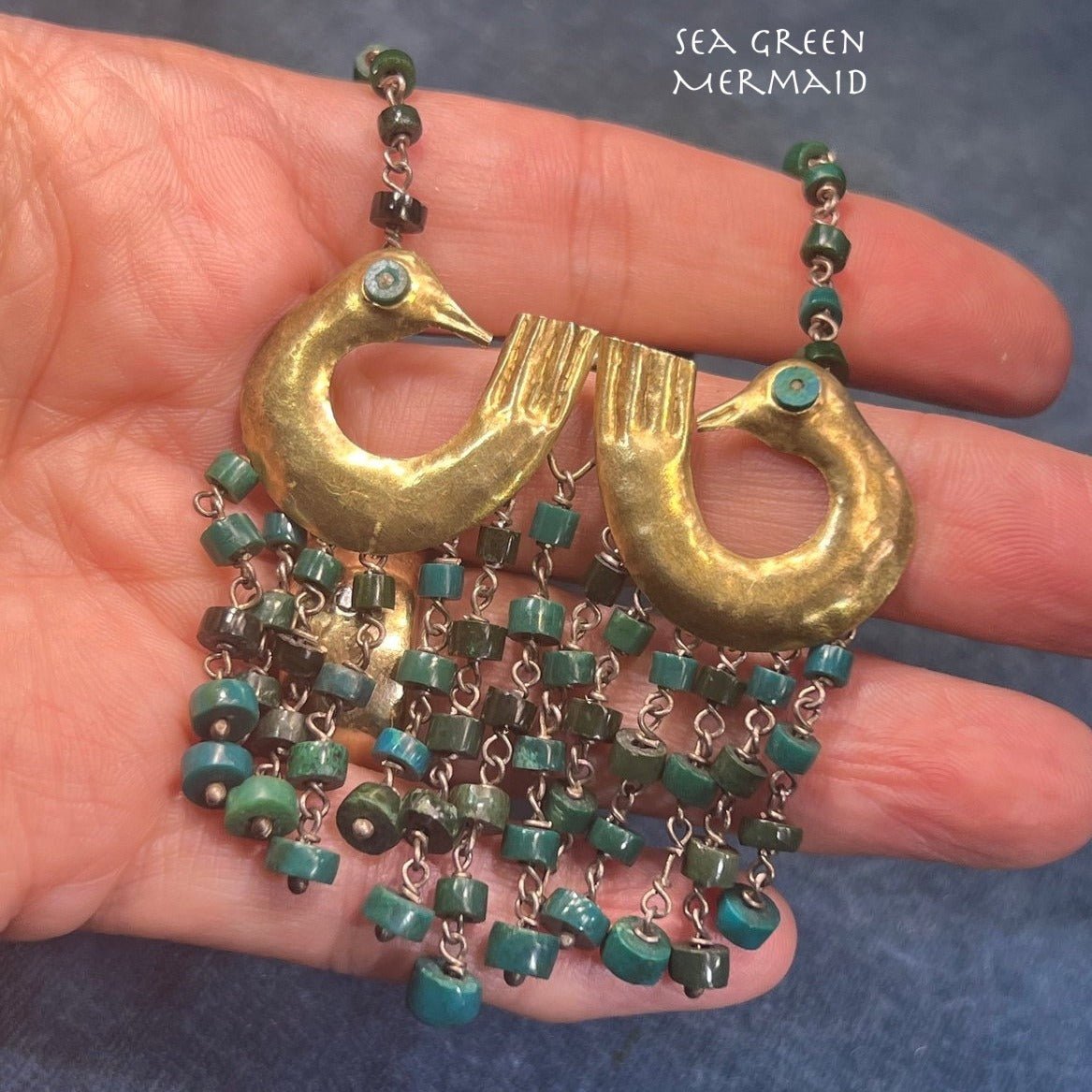 18k Yellow Gold & Silver Chrysocolla Lovebirds Chain Necklace. Peru