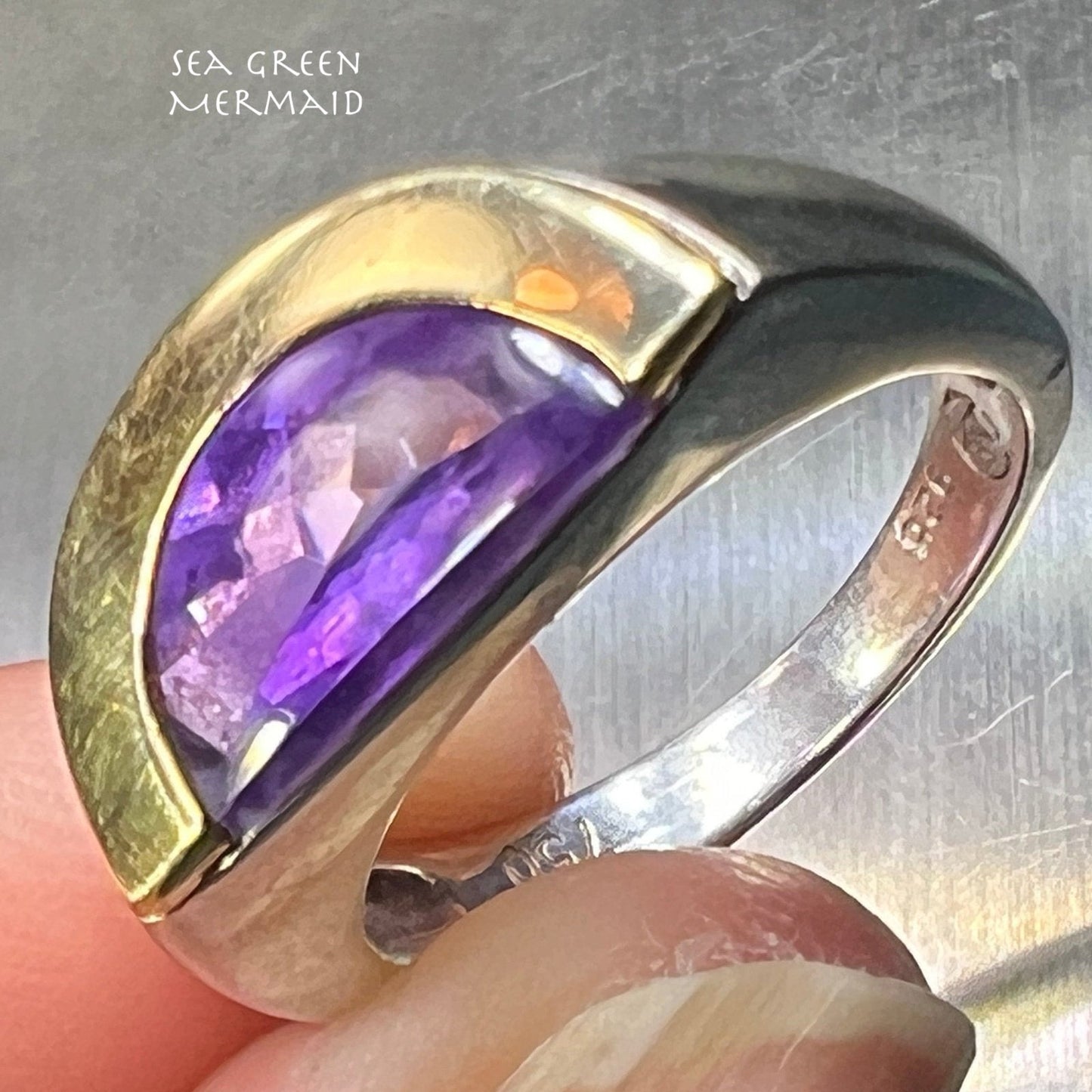 18k Yellow Gold and Silver Amethyst Half Moon Ring - Designer!