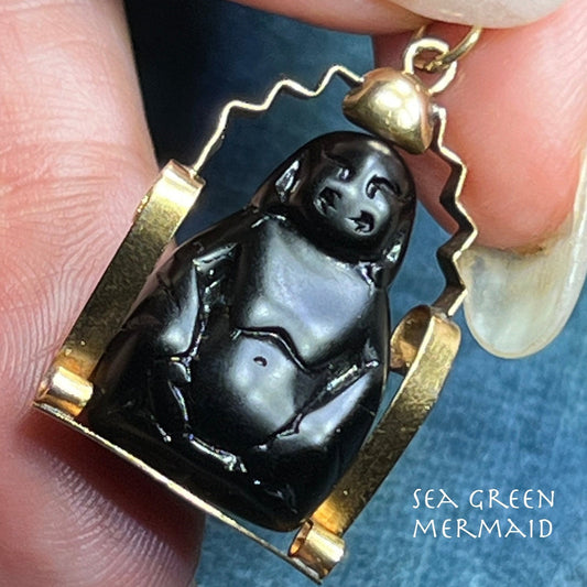 18k Gold Black Jade Buddha Spinning Watch Fob Pendant. *Video*