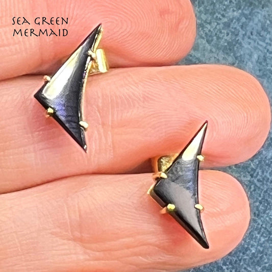 18k Gold Black Onyx Sculptural Crescent Moon Earrings. Designer