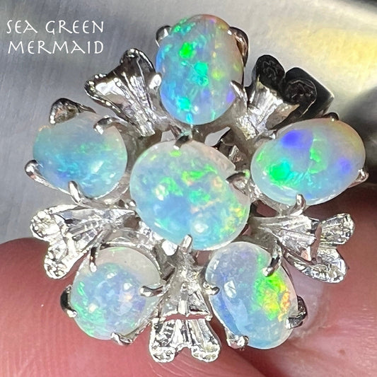 18k White Gold Australian Jelly Opal Flower Ring**VIDEO**