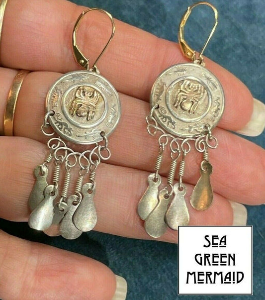 18k Yellow Gold & 925 BLACK WIDOW SPIDER Dangle Feather Earrings. 14k Leverbacks