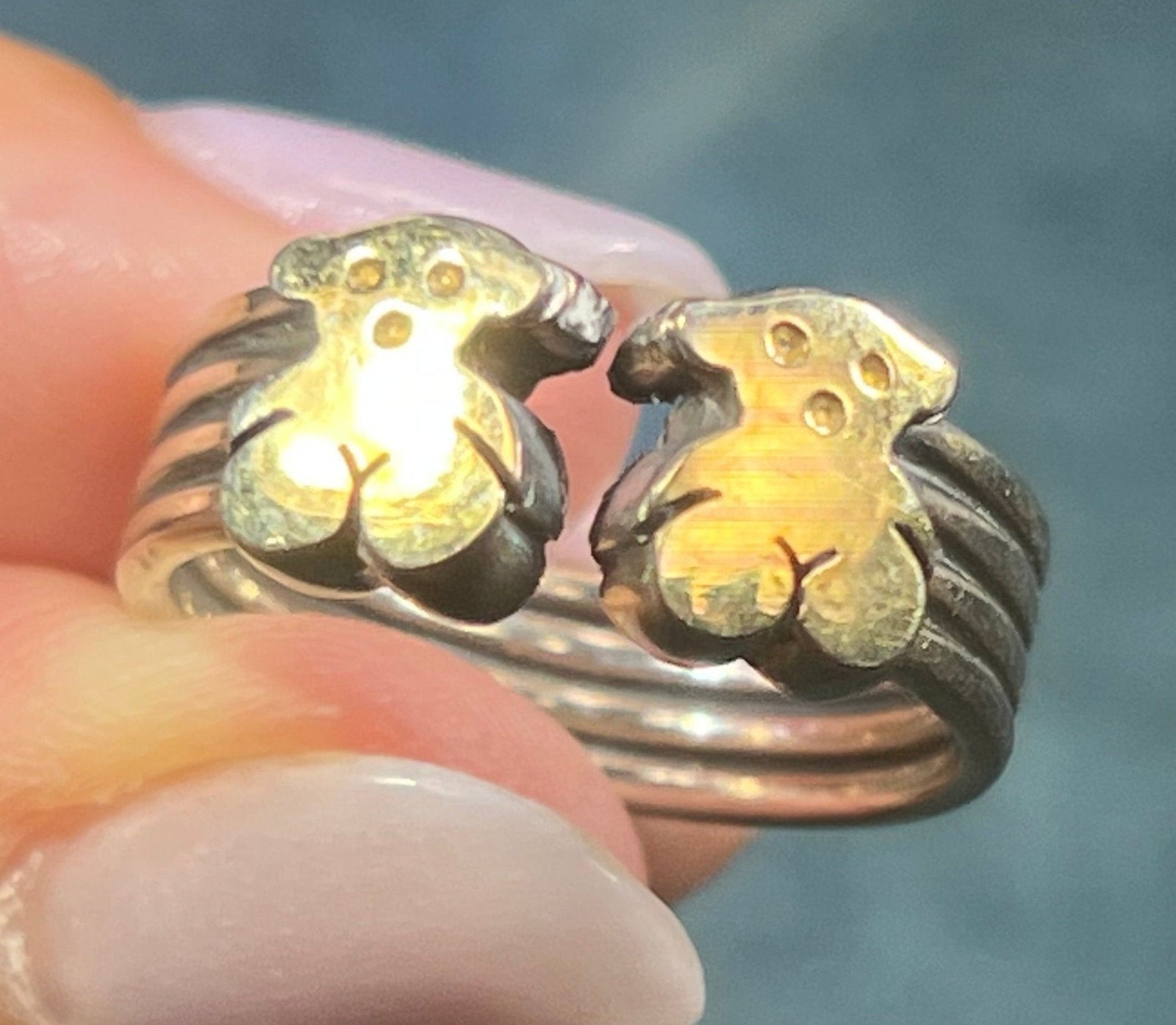 18k Yellow Gold + 925 TOUS Teddy Bear Ring. Wide Band – Sea Green Mermaid