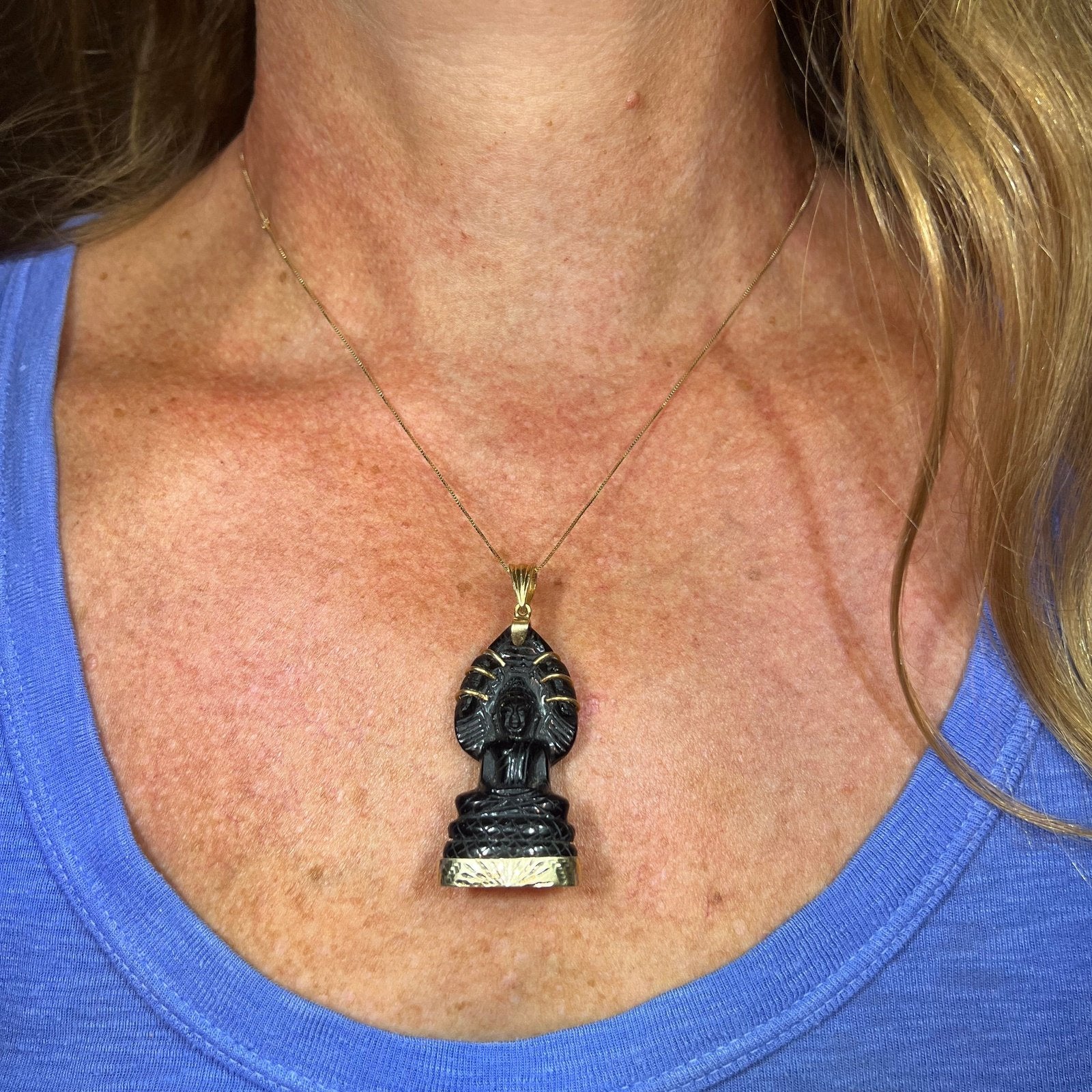18k Yellow Gold Carved Black Jade NAGA Buddha Pendant. 2