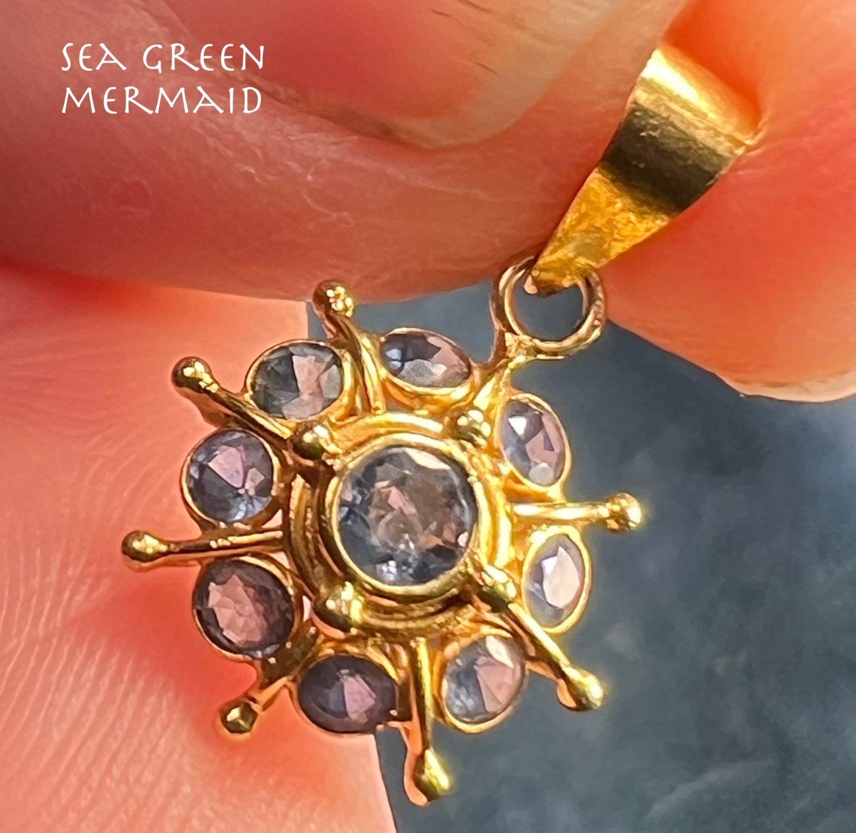 18k Yellow Gold Ceylon Blue Sapphire Sun-Burst Pendant. Tiny!