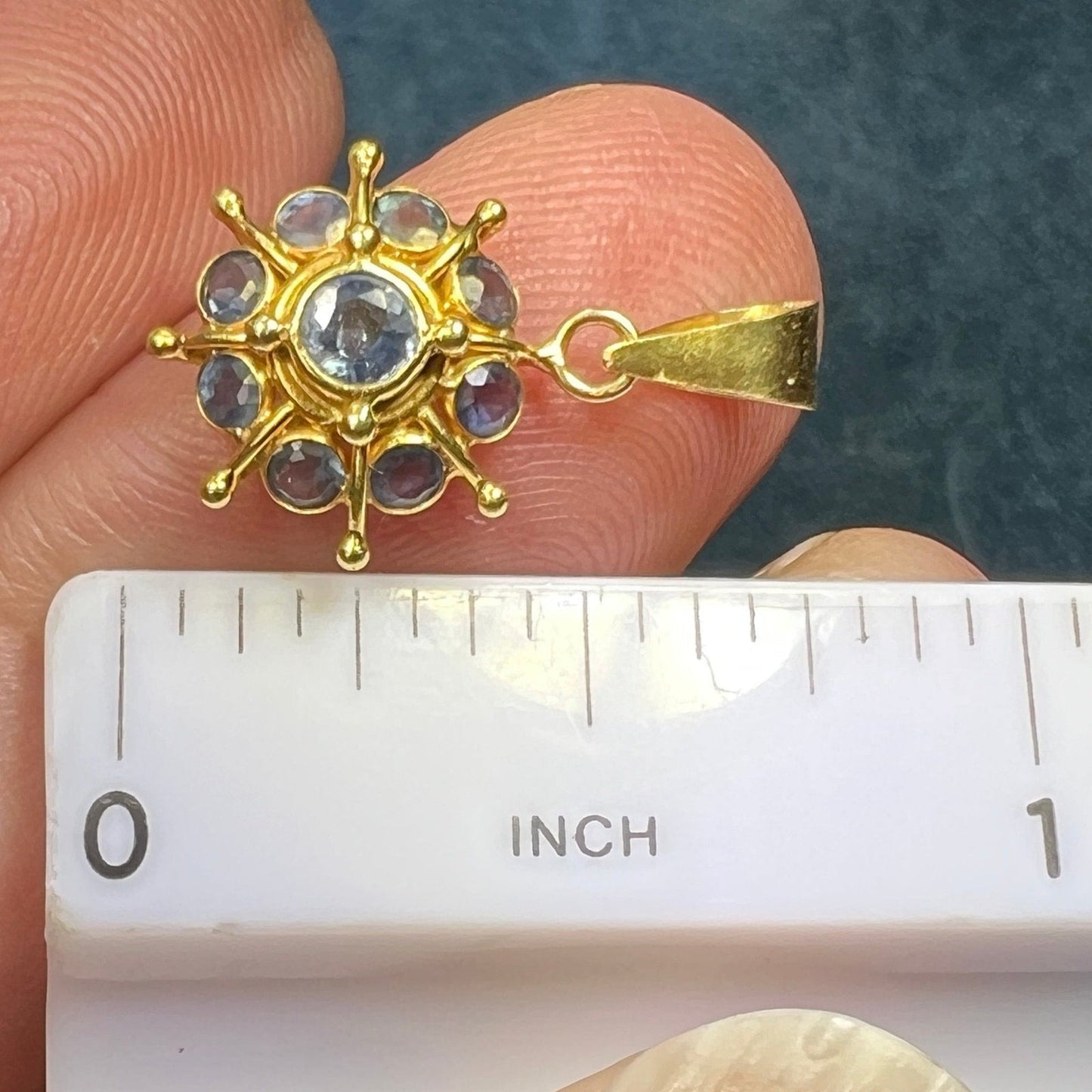 18k Yellow Gold Ceylon Blue Sapphire Sun-Burst Pendant. Tiny!