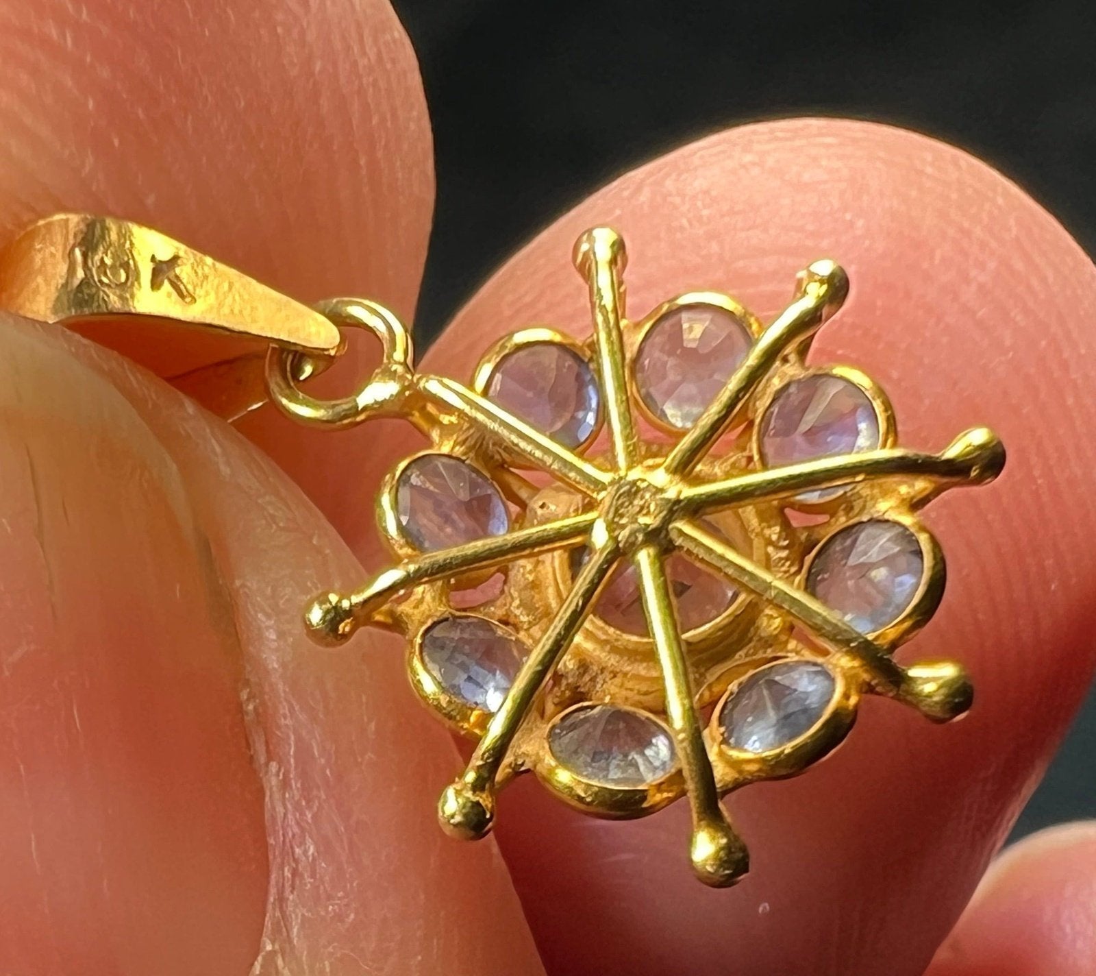18k Yellow Gold Ceylon Blue Sapphire Sun-Burst Pendant. Tiny!