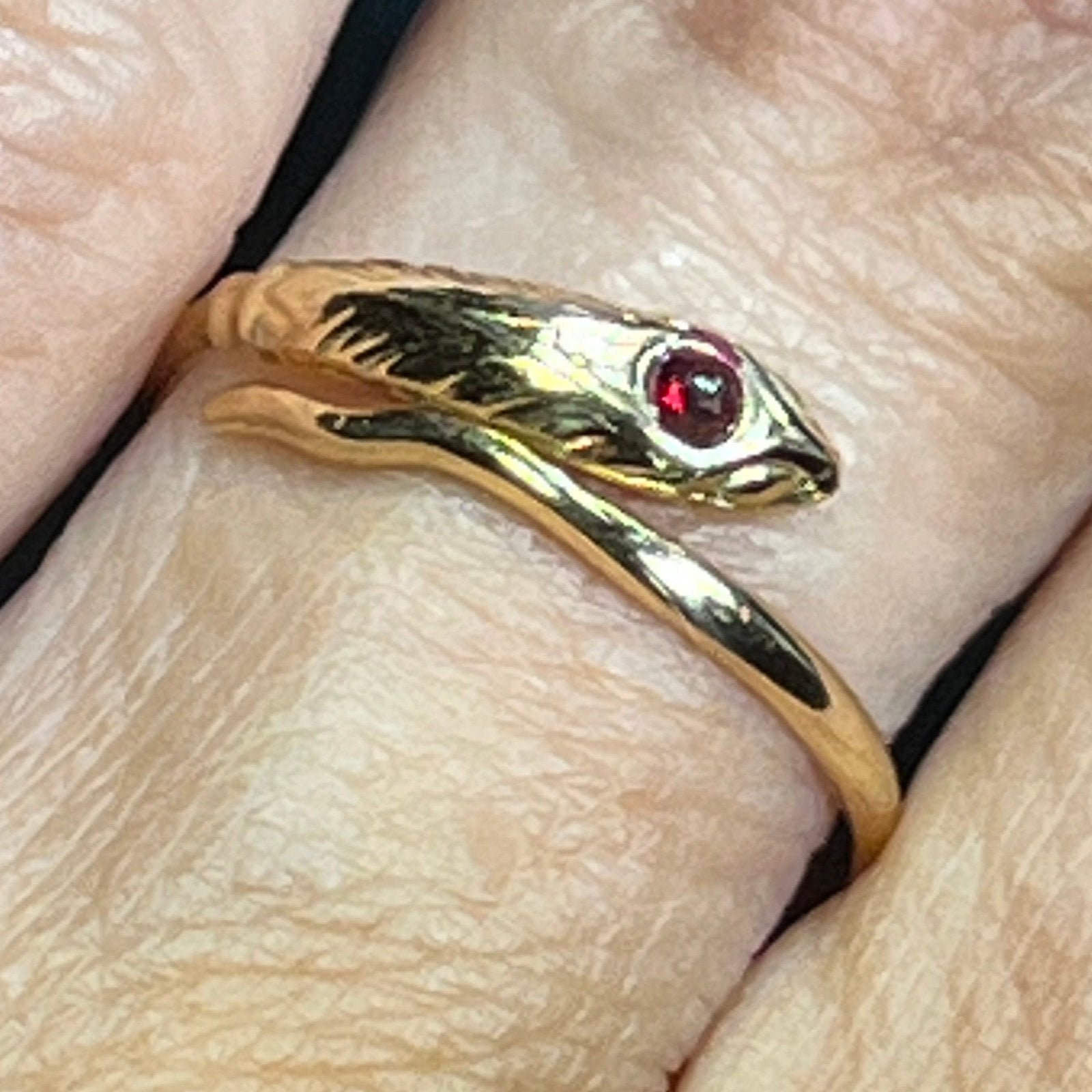18k Yellow Gold Coiled Antique Snake Wrap Ring w Cabochon Ruby